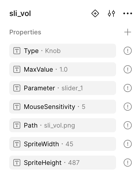 Figma properties panel showing widget properties including Type, MaxValue, Parameter, MouseSensitivity, Path, SpriteWidth, and SpriteHeight