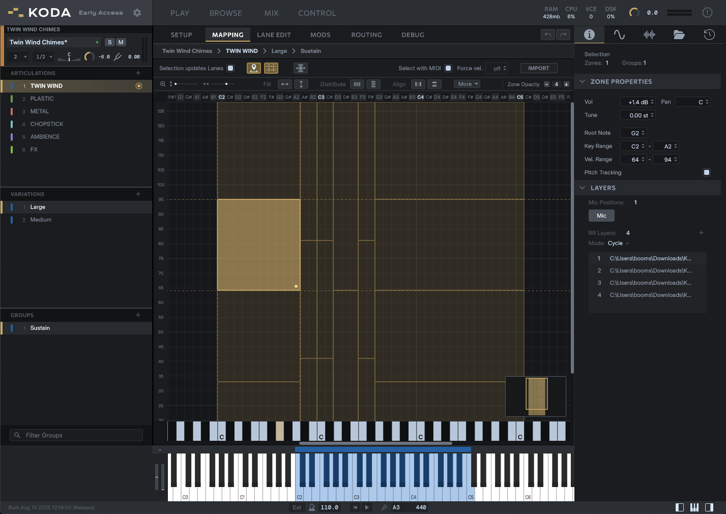 Mapping view: key and velocity zones on a grid, with round-robin layers and zone properties