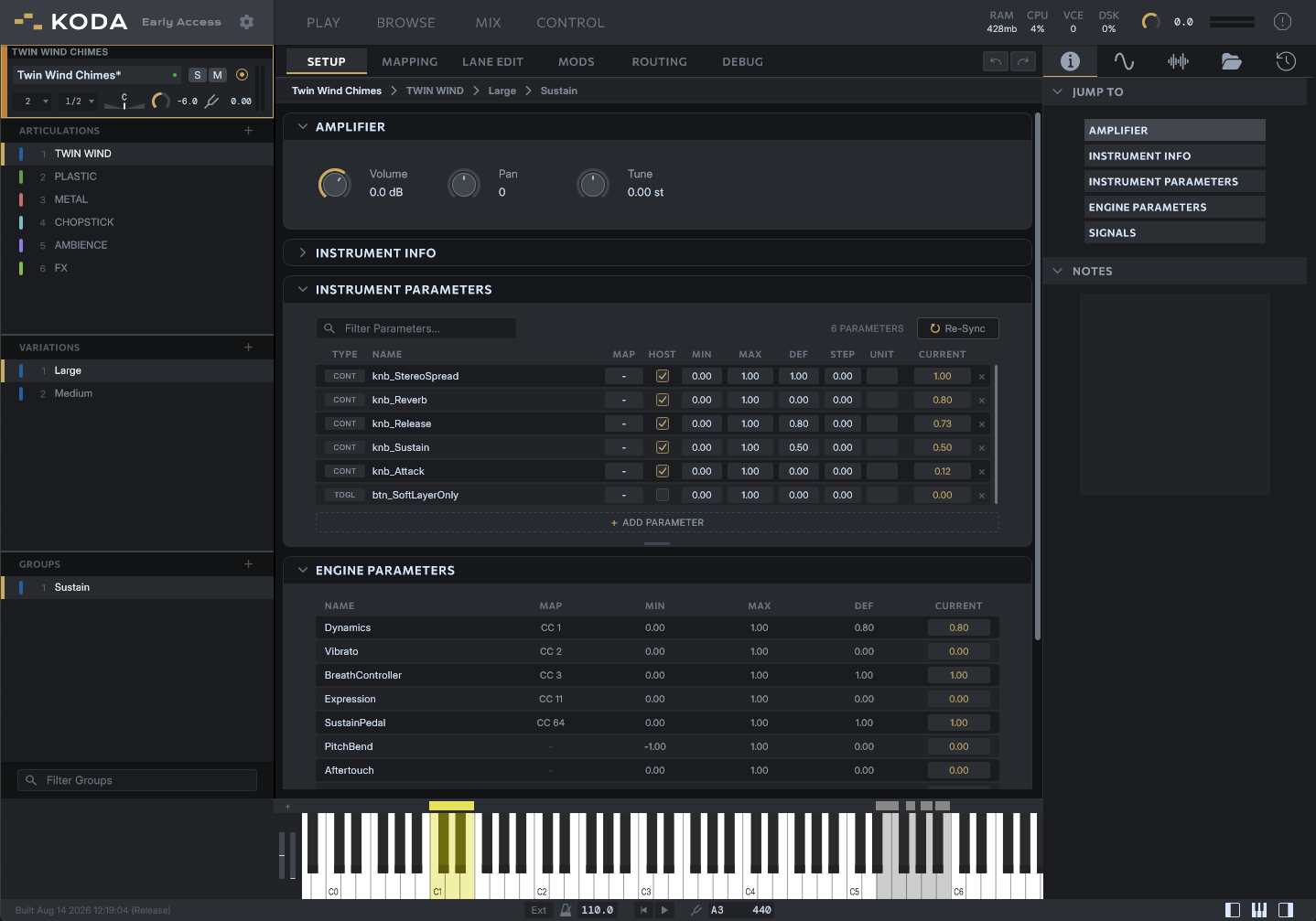 Setup view: instrument and engine parameters with host automation and MIDI CC mapping