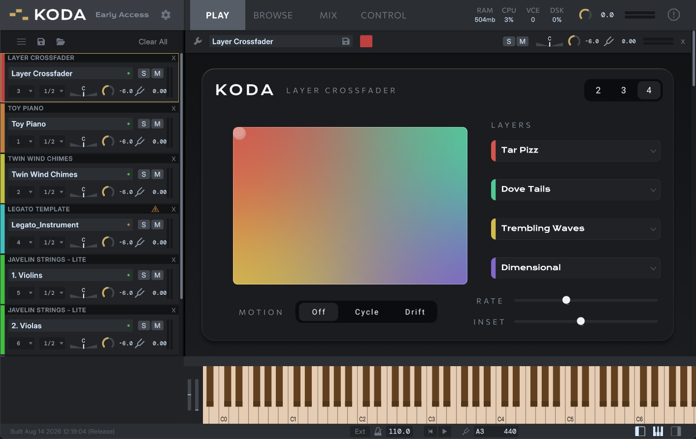 The KODA app in Play view: an instrument rack beside a four-layer crossfader pad with motion controls