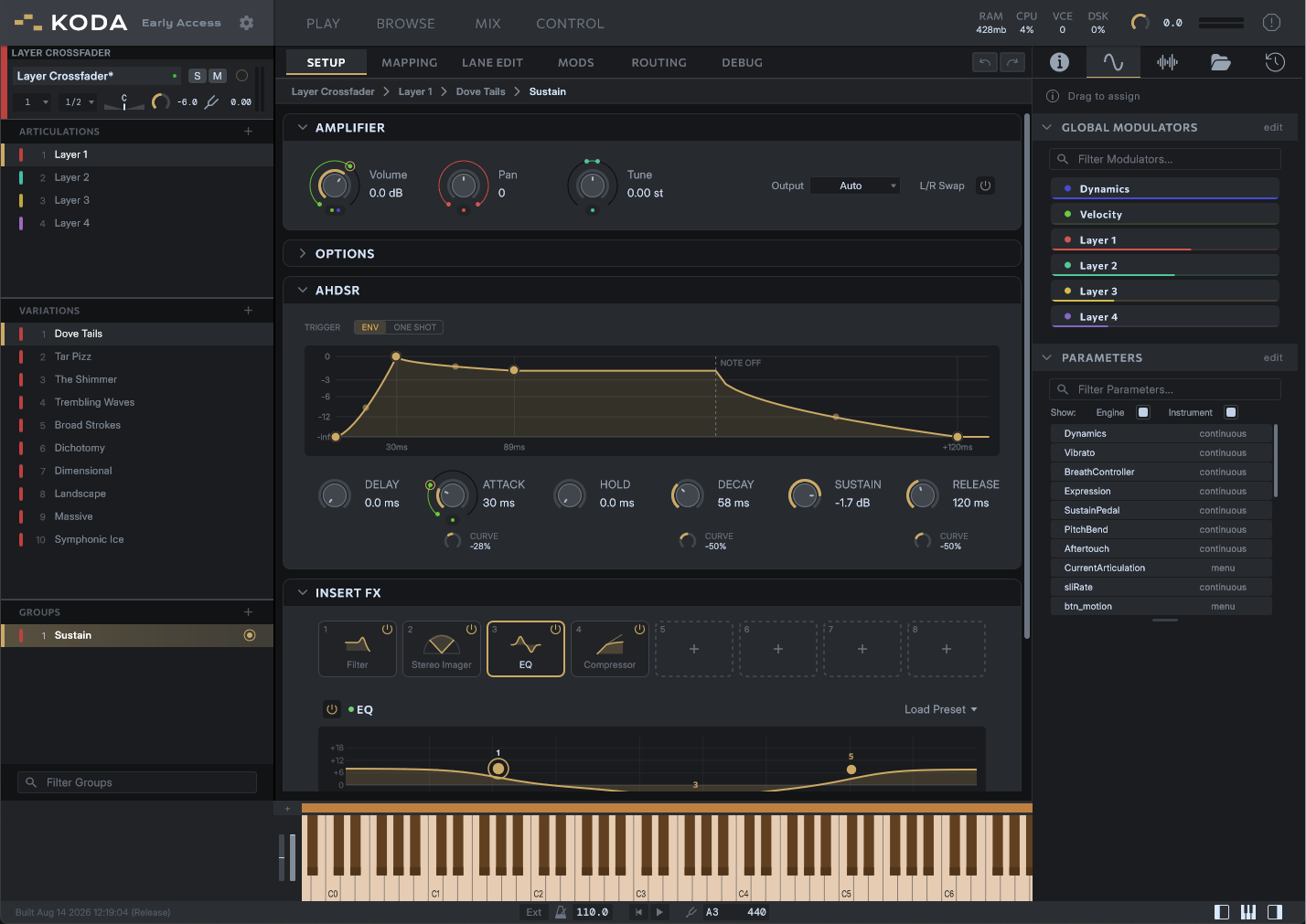 Setup view: AHDSR envelope, insert effects, and drag-to-assign global modulators